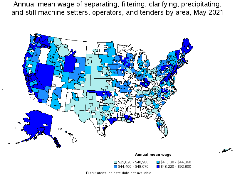 Map of annual mean wages of separating, filtering, clarifying, precipitating, and still machine setters, operators, and tenders by area, May 2021