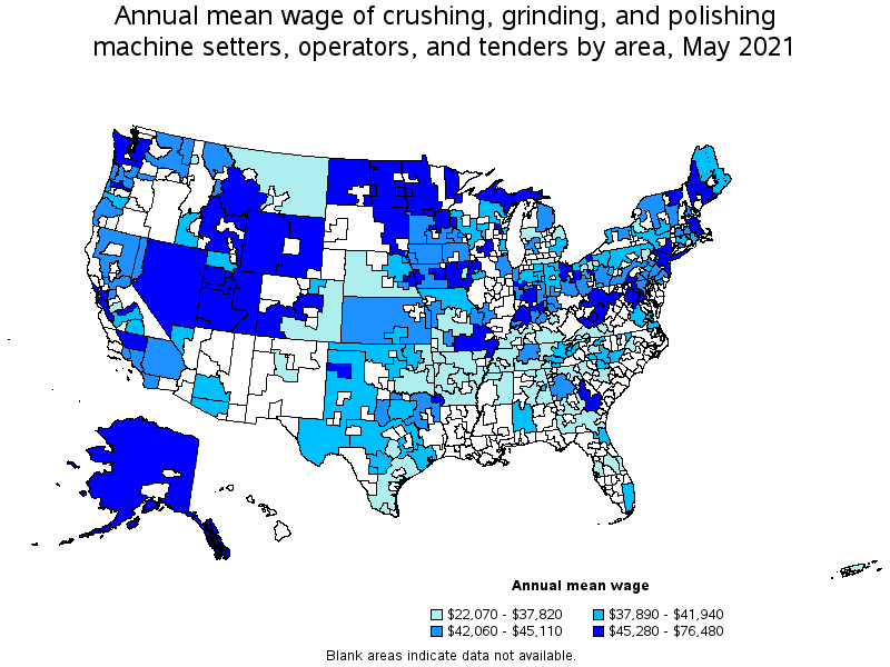Map of annual mean wages of crushing, grinding, and polishing machine setters, operators, and tenders by area, May 2021
