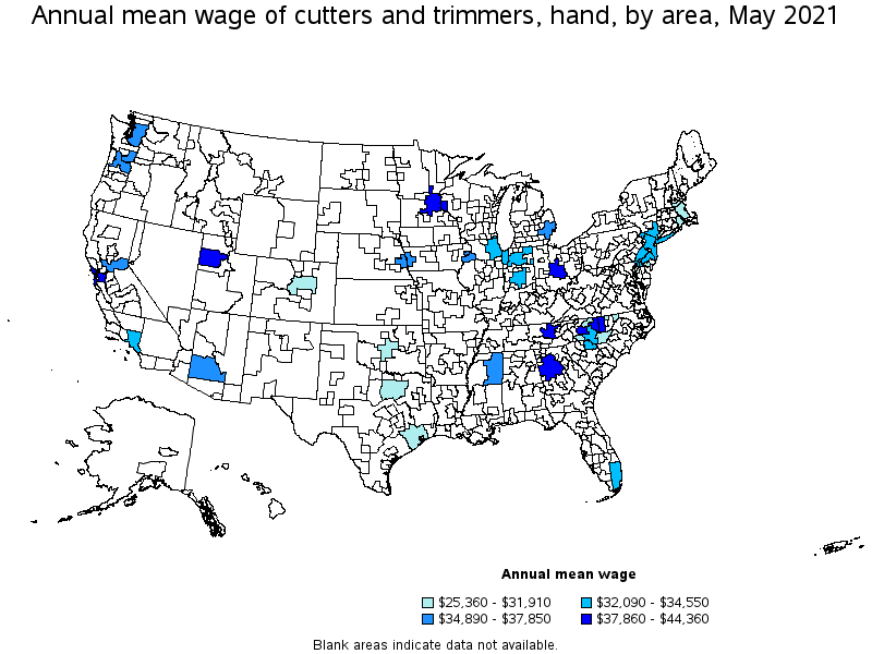Map of annual mean wages of cutters and trimmers, hand by area, May 2021