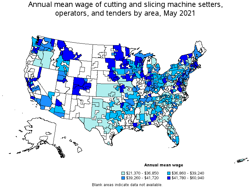 Map of annual mean wages of cutting and slicing machine setters, operators, and tenders by area, May 2021