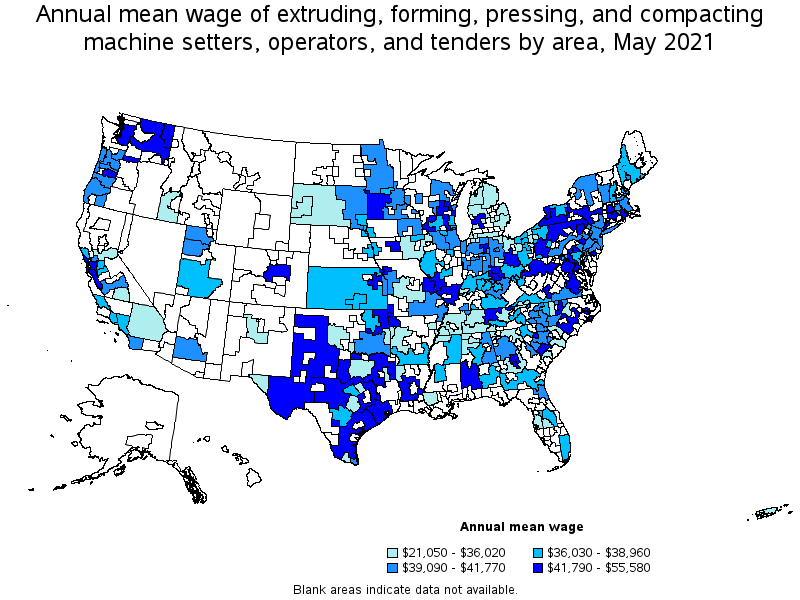 Map of annual mean wages of extruding, forming, pressing, and compacting machine setters, operators, and tenders by area, May 2021