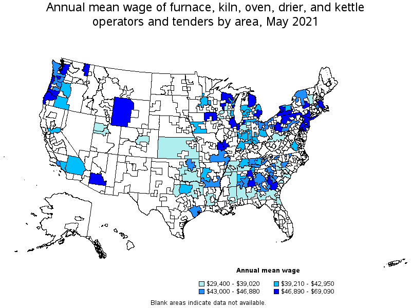 Map of annual mean wages of furnace, kiln, oven, drier, and kettle operators and tenders by area, May 2021