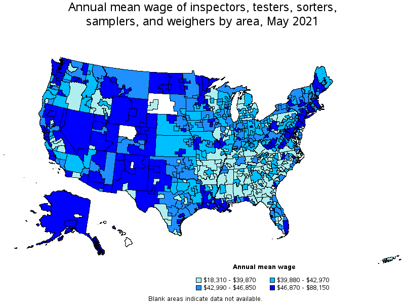 Map of annual mean wages of inspectors, testers, sorters, samplers, and weighers by area, May 2021