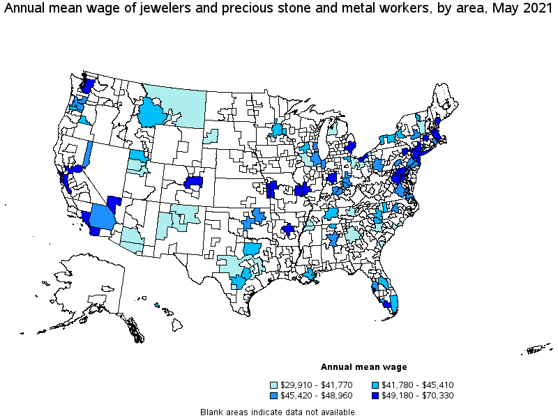 Map of annual mean wages of jewelers and precious stone and metal workers by area, May 2021