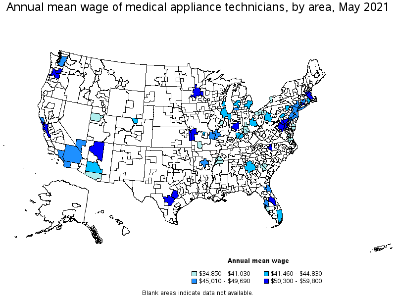 Map of annual mean wages of medical appliance technicians by area, May 2021