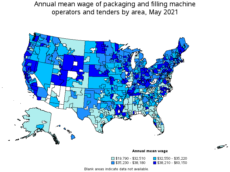 Map of annual mean wages of packaging and filling machine operators and tenders by area, May 2021