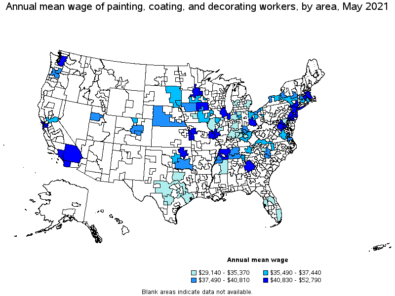 Map of annual mean wages of painting, coating, and decorating workers by area, May 2021