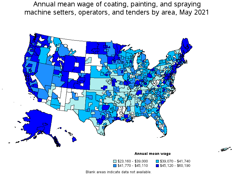Map of annual mean wages of coating, painting, and spraying machine setters, operators, and tenders by area, May 2021