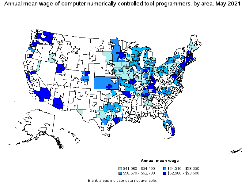 Map of annual mean wages of computer numerically controlled tool programmers by area, May 2021