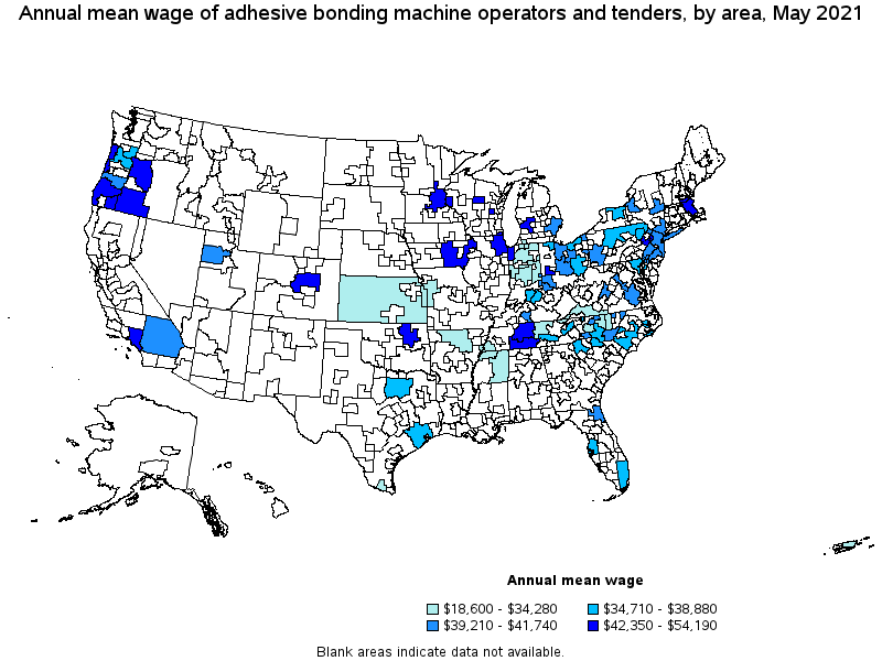 Map of annual mean wages of adhesive bonding machine operators and tenders by area, May 2021