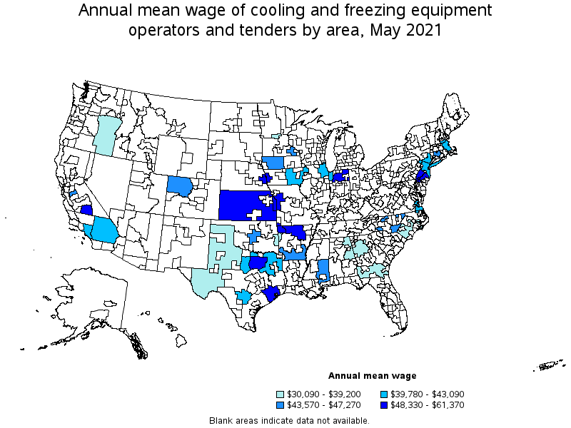Map of annual mean wages of cooling and freezing equipment operators and tenders by area, May 2021