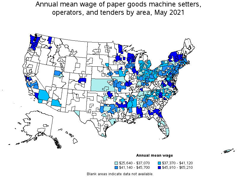 Map of annual mean wages of paper goods machine setters, operators, and tenders by area, May 2021