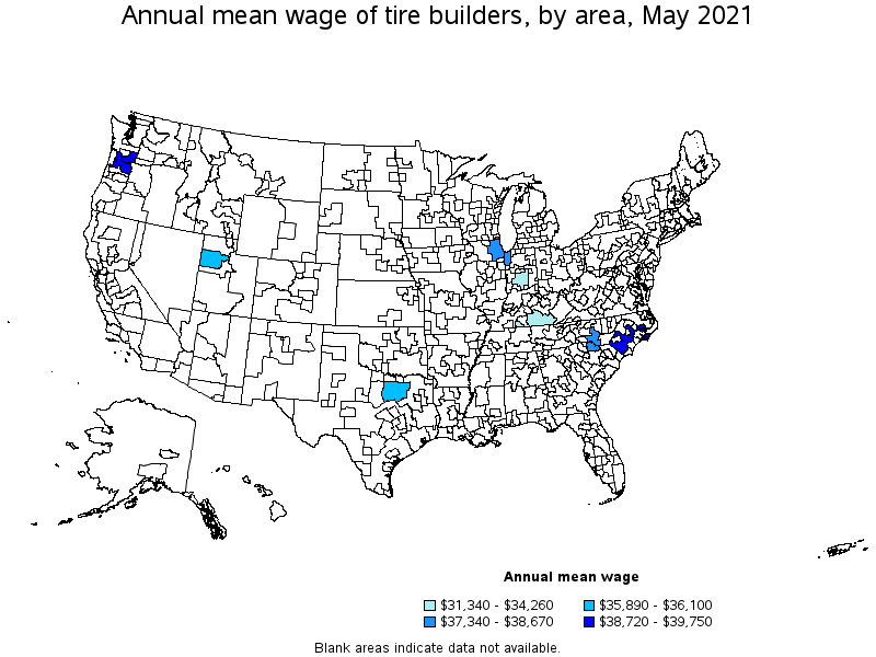 Map of annual mean wages of tire builders by area, May 2021