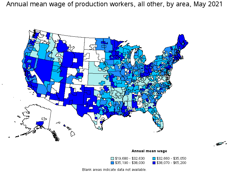 Map of annual mean wages of production workers, all other by area, May 2021