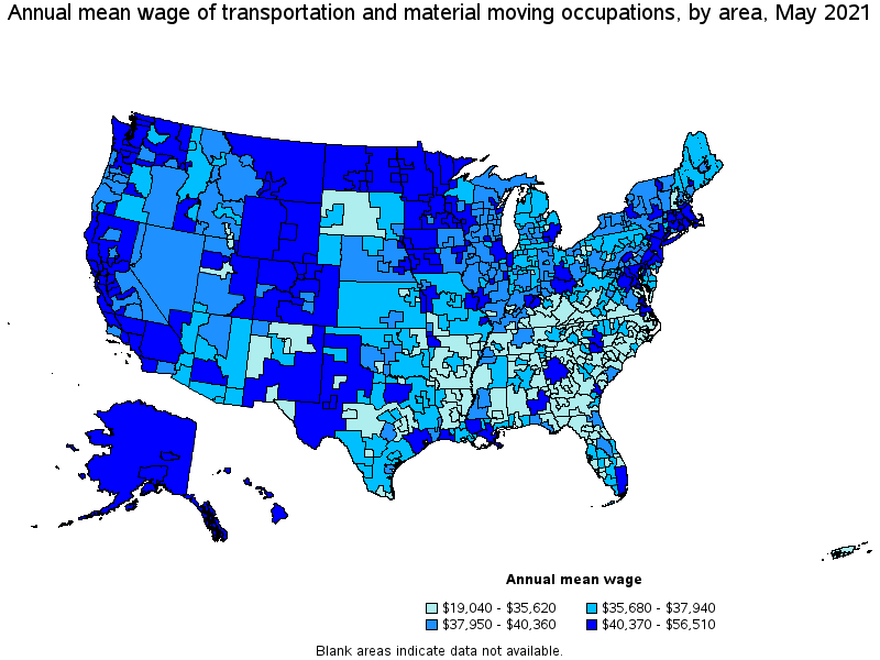 Map of annual mean wages of transportation and material moving occupations by area, May 2021
