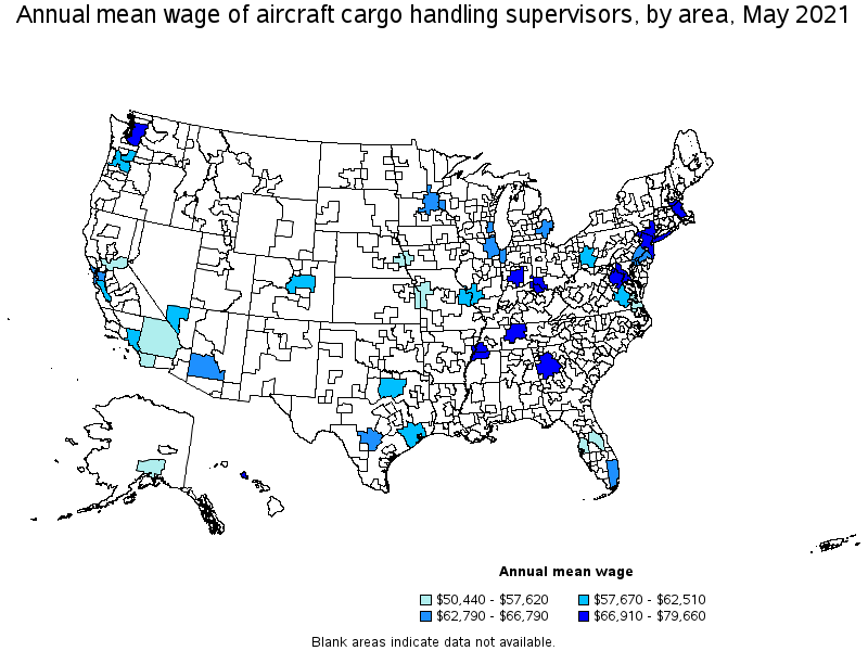Map of annual mean wages of aircraft cargo handling supervisors by area, May 2021