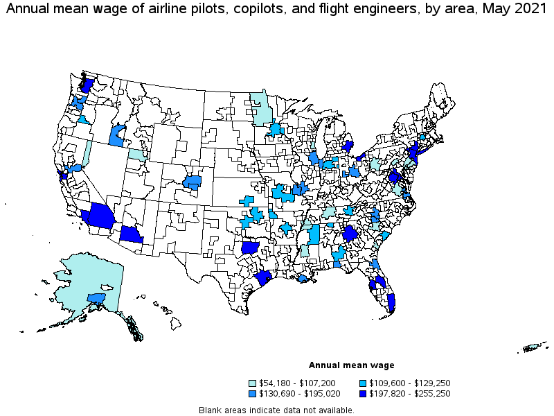 Map of annual mean wages of airline pilots, copilots, and flight engineers by area, May 2021