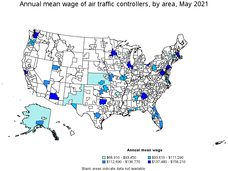 Map of annual mean wages of air traffic controllers by area, May 2021