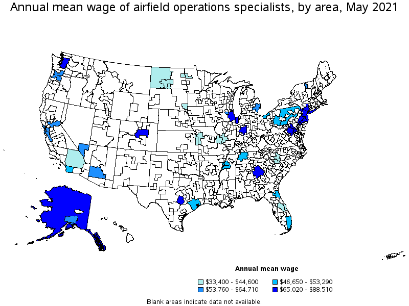 Map of annual mean wages of airfield operations specialists by area, May 2021