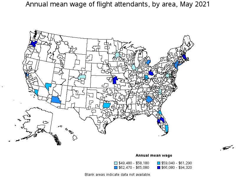 Map of annual mean wages of flight attendants by area, May 2021