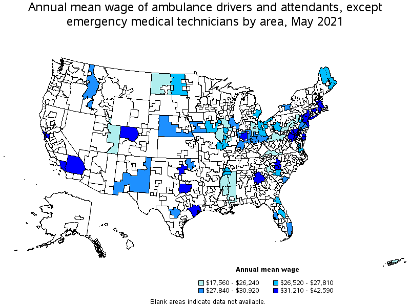 Map of annual mean wages of ambulance drivers and attendants, except emergency medical technicians by area, May 2021