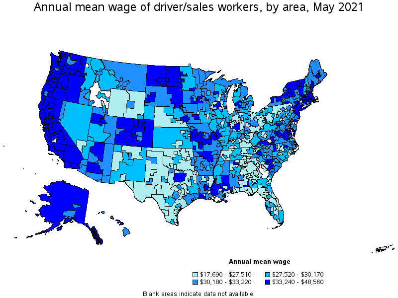 Map of annual mean wages of driver/sales workers by area, May 2021