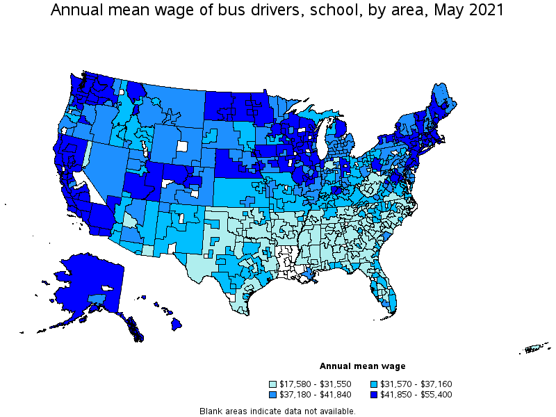 Map of annual mean wages of bus drivers, school by area, May 2021