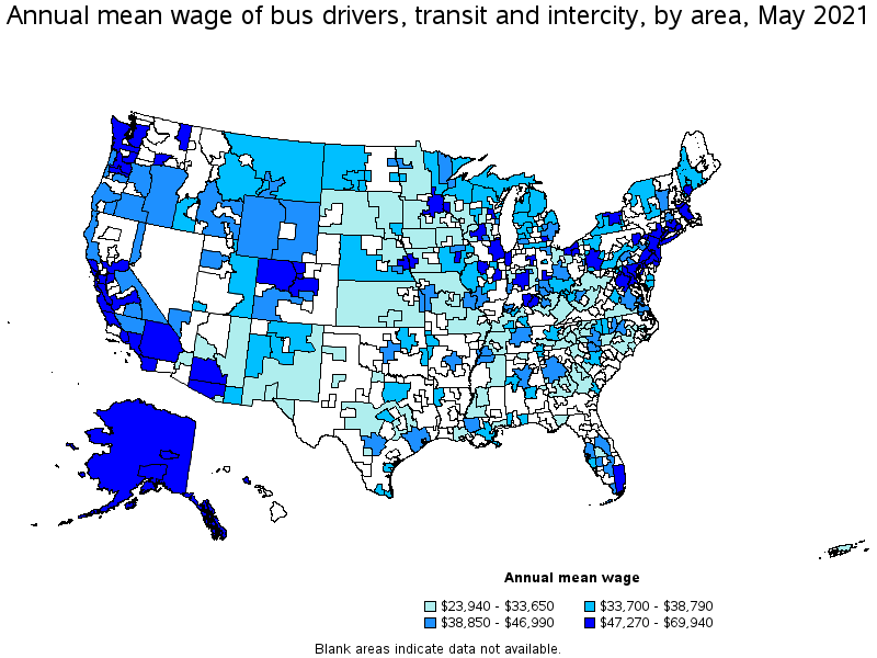 Map of annual mean wages of bus drivers, transit and intercity by area, May 2021