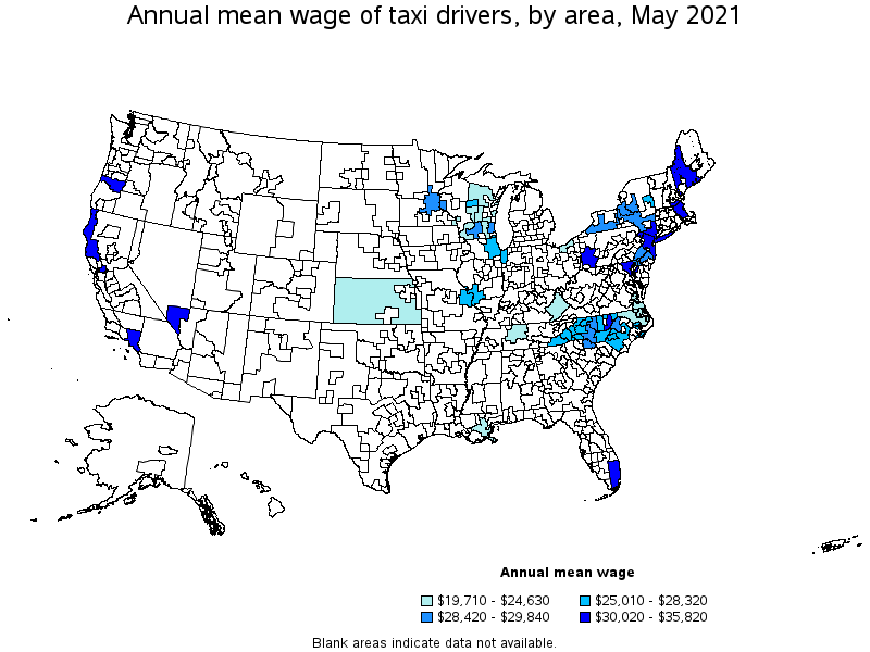 Map of annual mean wages of taxi drivers by area, May 2021
