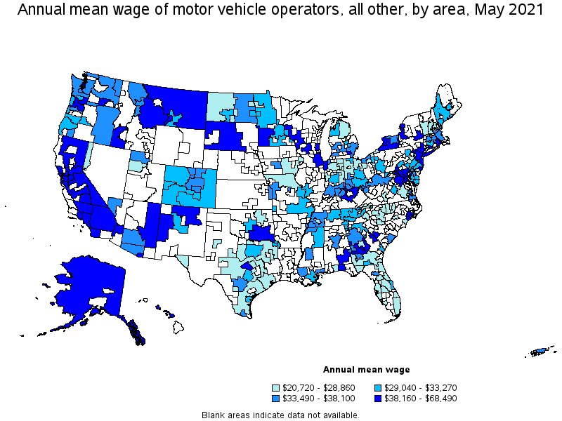Map of annual mean wages of motor vehicle operators, all other by area, May 2021