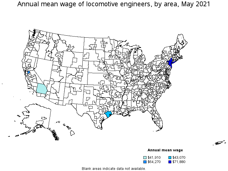 Map of annual mean wages of locomotive engineers by area, May 2021
