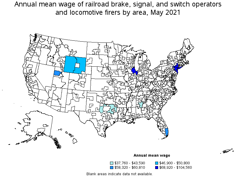 Map of annual mean wages of railroad brake, signal, and switch operators and locomotive firers by area, May 2021