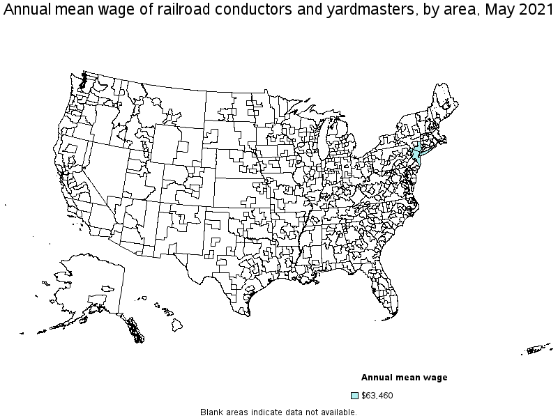 Map of annual mean wages of railroad conductors and yardmasters by area, May 2021