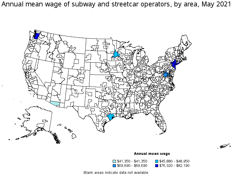 Map of annual mean wages of subway and streetcar operators by area, May 2021