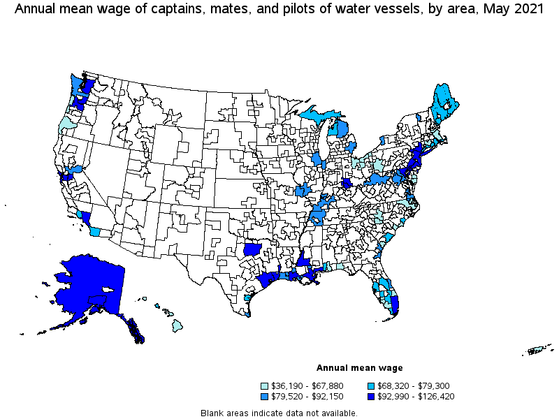 Map of annual mean wages of captains, mates, and pilots of water vessels by area, May 2021