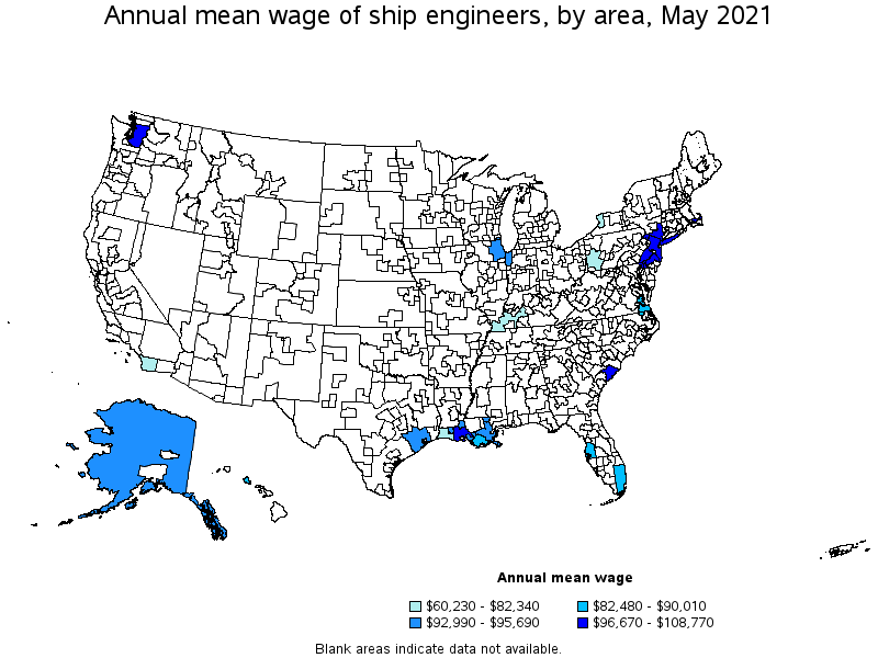 Map of annual mean wages of ship engineers by area, May 2021