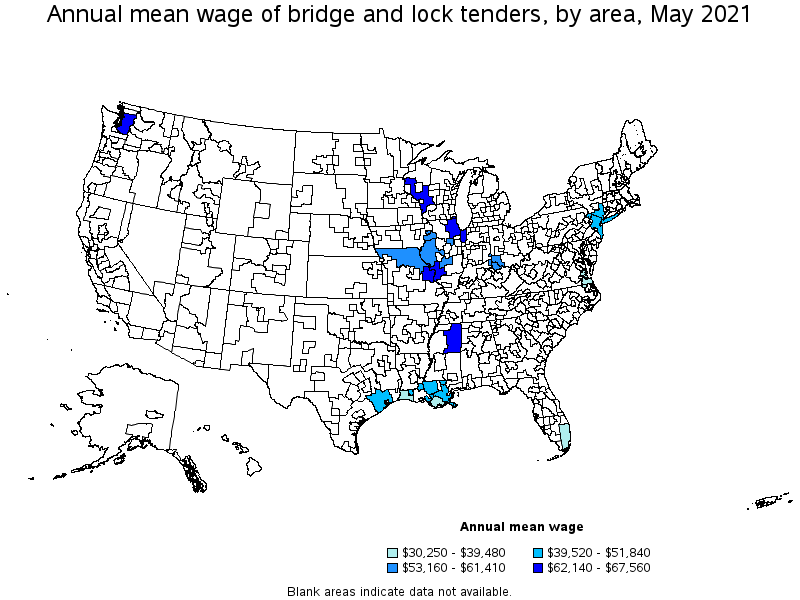 Map of annual mean wages of bridge and lock tenders by area, May 2021