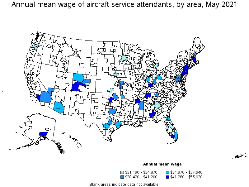 Map of annual mean wages of aircraft service attendants by area, May 2021