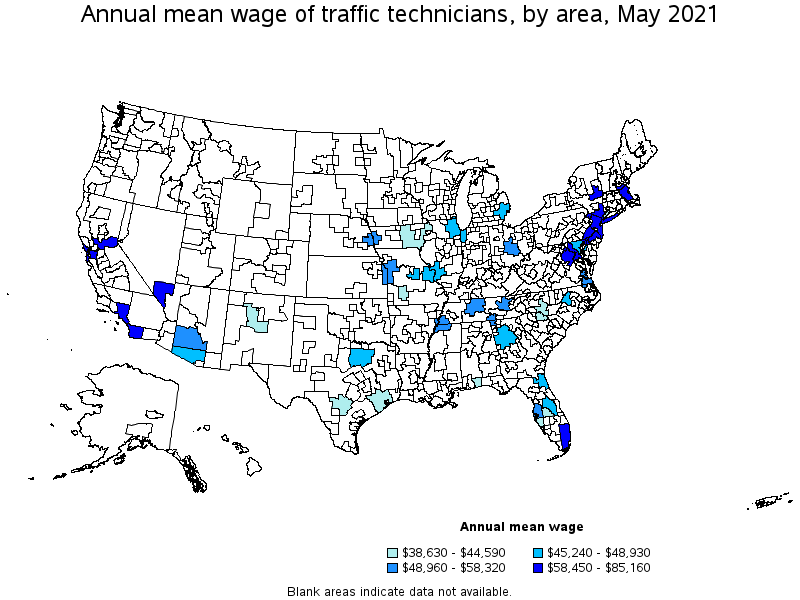 Map of annual mean wages of traffic technicians by area, May 2021