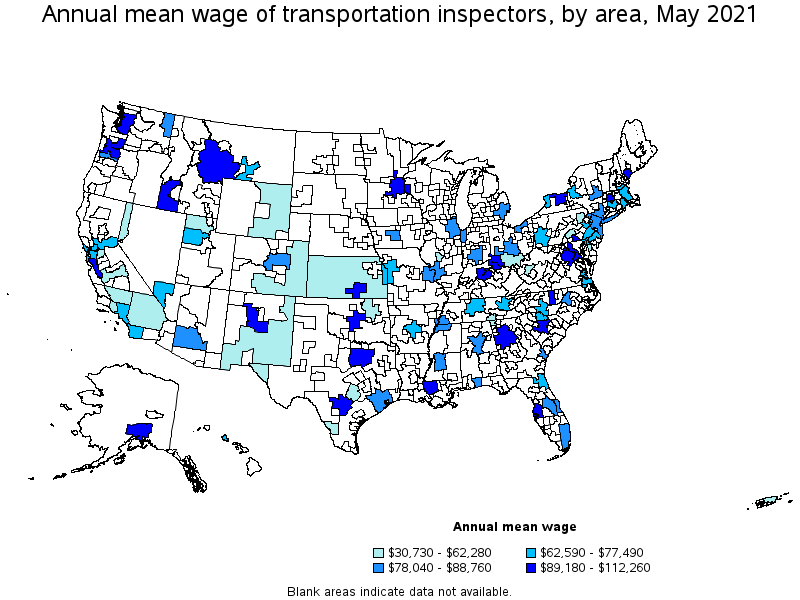 Map of annual mean wages of transportation inspectors by area, May 2021
