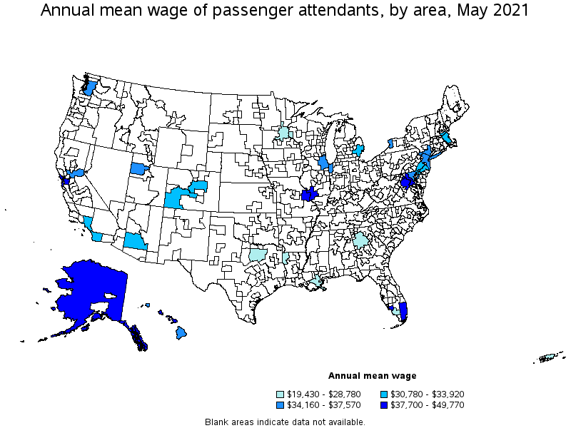 Map of annual mean wages of passenger attendants by area, May 2021