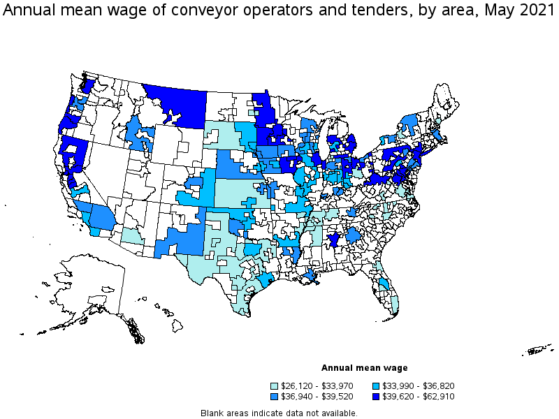Map of annual mean wages of conveyor operators and tenders by area, May 2021
