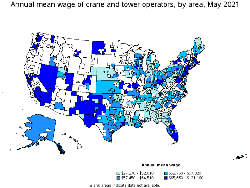 Map of annual mean wages of crane and tower operators by area, May 2021