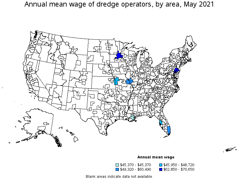Map of annual mean wages of dredge operators by area, May 2021