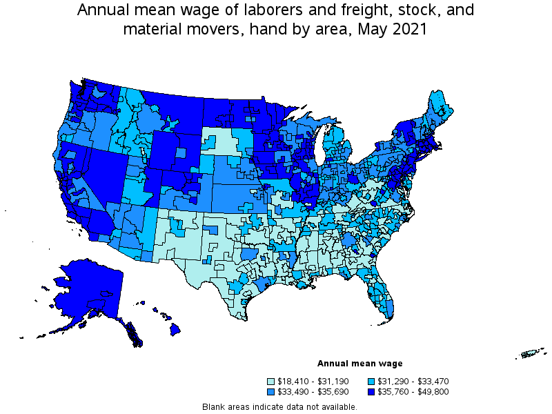 Map of annual mean wages of laborers and freight, stock, and material movers, hand by area, May 2021
