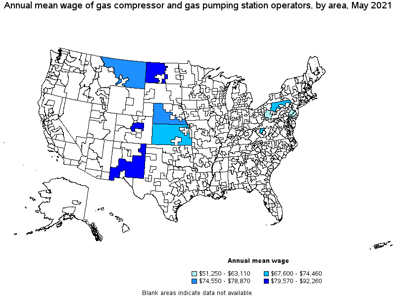 Map of annual mean wages of gas compressor and gas pumping station operators by area, May 2021