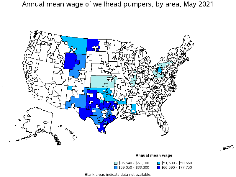 Map of annual mean wages of wellhead pumpers by area, May 2021