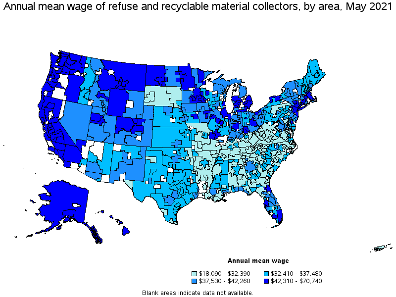 Map of annual mean wages of refuse and recyclable material collectors by area, May 2021