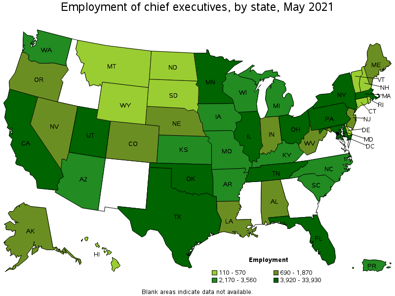 Map of employment of chief executives by state, May 2021