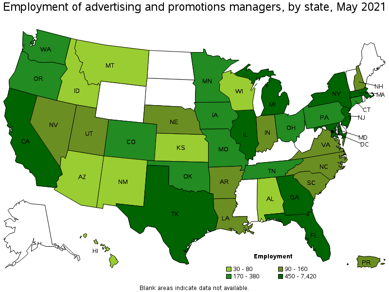 Map of employment of advertising and promotions managers by state, May 2021